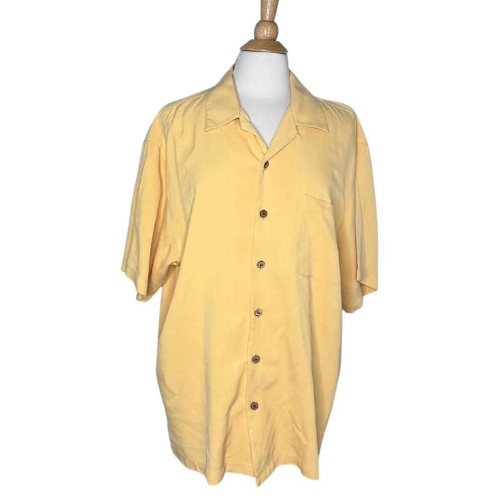 Yellow Mustard Tommy Bahamas 100% Silk Button Up Embroidered Back Shirt EE16